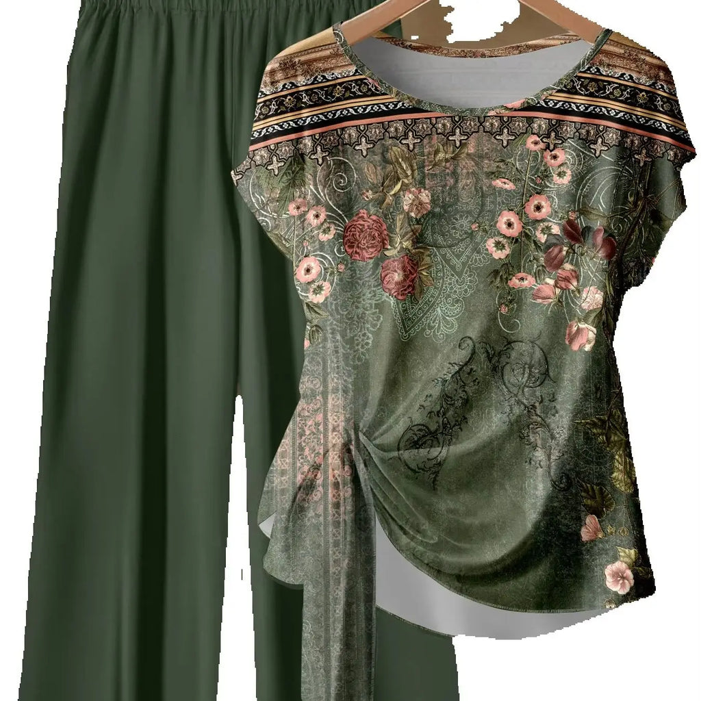 Ensemble Deux Pièces Femme Grande Taille – Top Fleuri Torsadé & Pantalon Large – CLEVI Paris