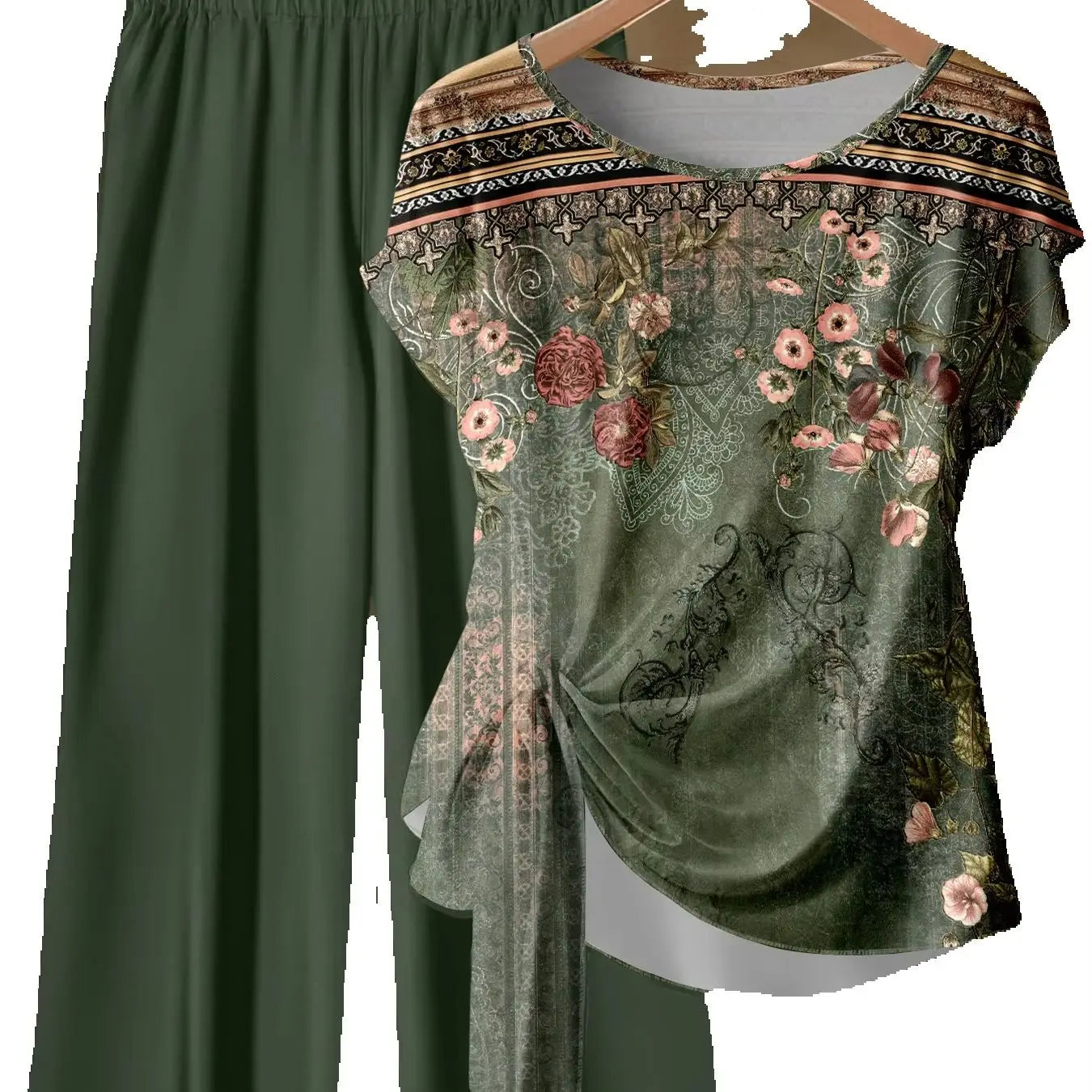 Ensemble Deux Pièces Femme Grande Taille – Top Fleuri Torsadé & Pantalon Large – CLEVI Paris