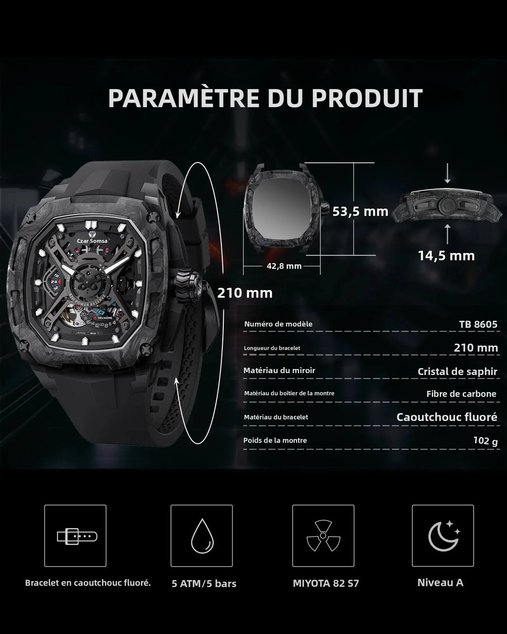 Montre Homme Mécanique Automatique Squelette Fibre de Carbone Verre Saphir Étanche 50m – CLEVI Paris