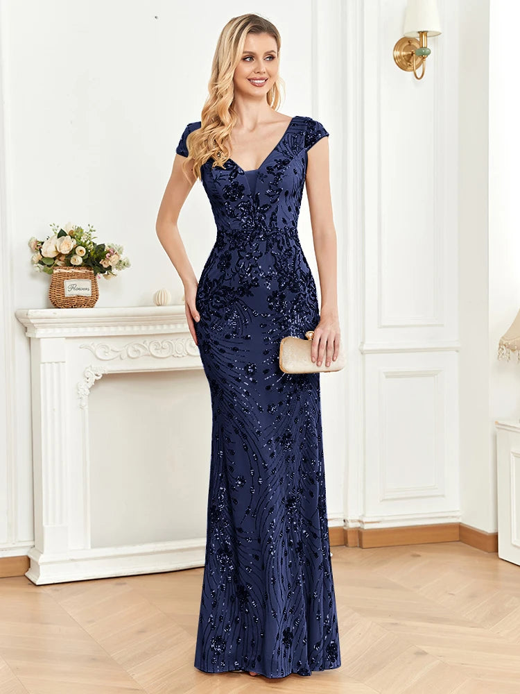 Robe de soirée sirène brodée col V – CLEVI Paris
