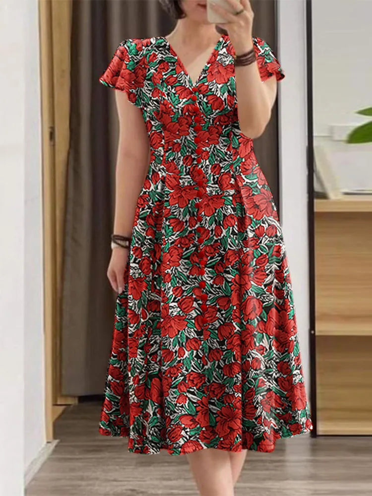 Robe Femme Col V Imprimé Floral Manches Papillon Volants Taille Cintrée Bohème – CLEVI Paris