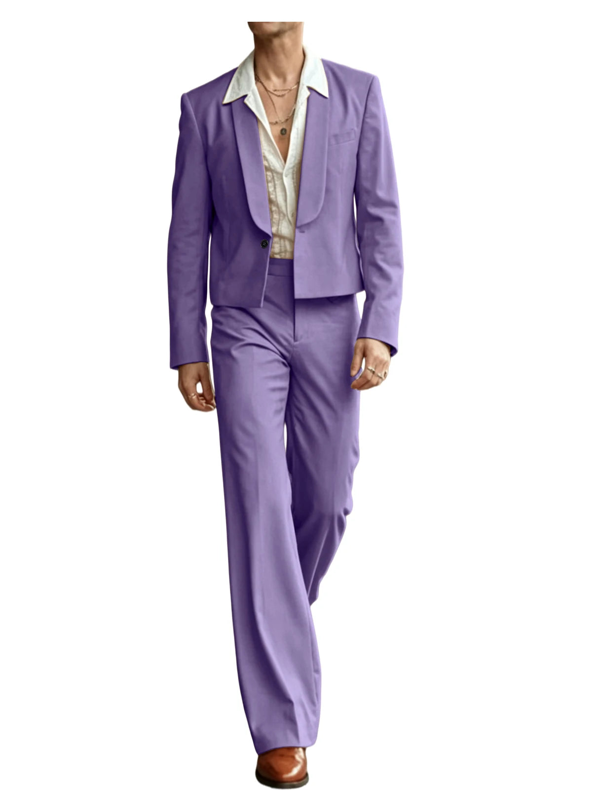 Costume 2 Pièces Homme Blazer Court Col Châle + Pantalon Évasé Taille Haute Style Vintage Slim Fit – CLEVI Paris