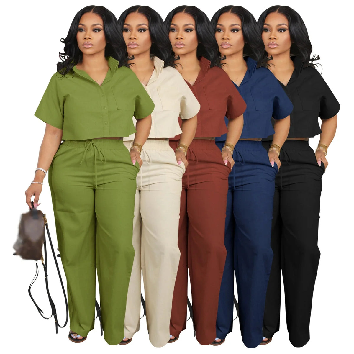 Ensemble 2 Pièces Femme Veste Col Rabattu Manches Courtes Boutonnée Poches + Pantalon Droit Taille Haute Casual 5 Coloris – CLEVI Paris