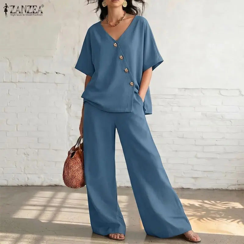 Ensemble 2 Pièces Femme Blouse Col V Manches Mi-Longues Boutonnée + Pantalon Large Taille Mi-Haute Élastique OL Casual 3 Coloris – CLEVI Paris
