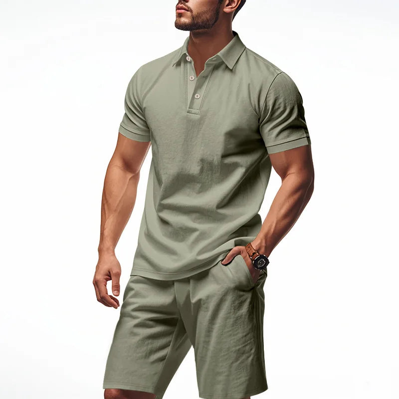Ensemble 2 Pièces Homme Lin Chemise Polo Manches Courtes + Short Plage Casual Été – CLEVI Paris