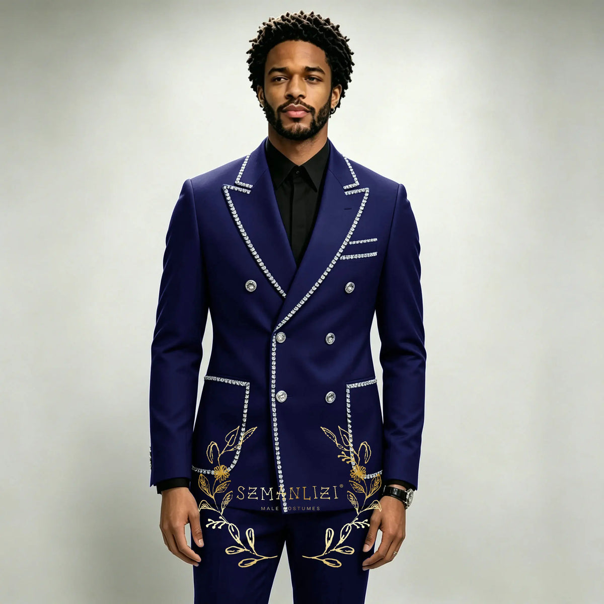 Costume Homme 2 Pièces Smoking Luxe Bleu Royal Cristaux Revers Pointu Double Boutonnage Mariage XS-6XL – CLEVI Paris