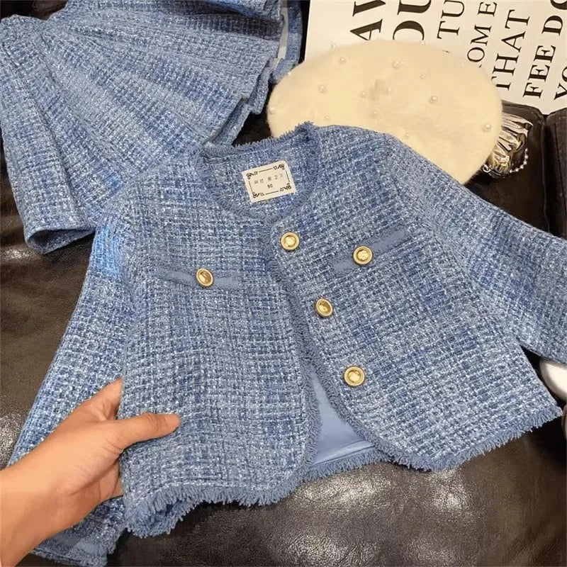 Ensemble fille bleu ciel cardigan et jupe – CLEVI Paris