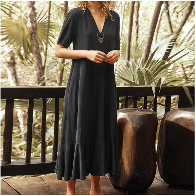 Robe Femme Col V Lacets Manches Courtes Couleur Unie A-line Mi-Mollet – CLEVI Paris