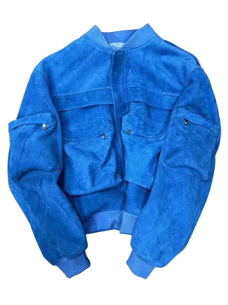 Bomber homme en cuir bleu aspect daim – CLEVI Paris