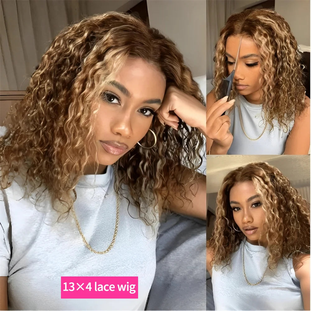 Perruque Bob Courte Deep Wave Lace Frontale 13x4 Blonde Miel P4/27 – CLEVI Paris