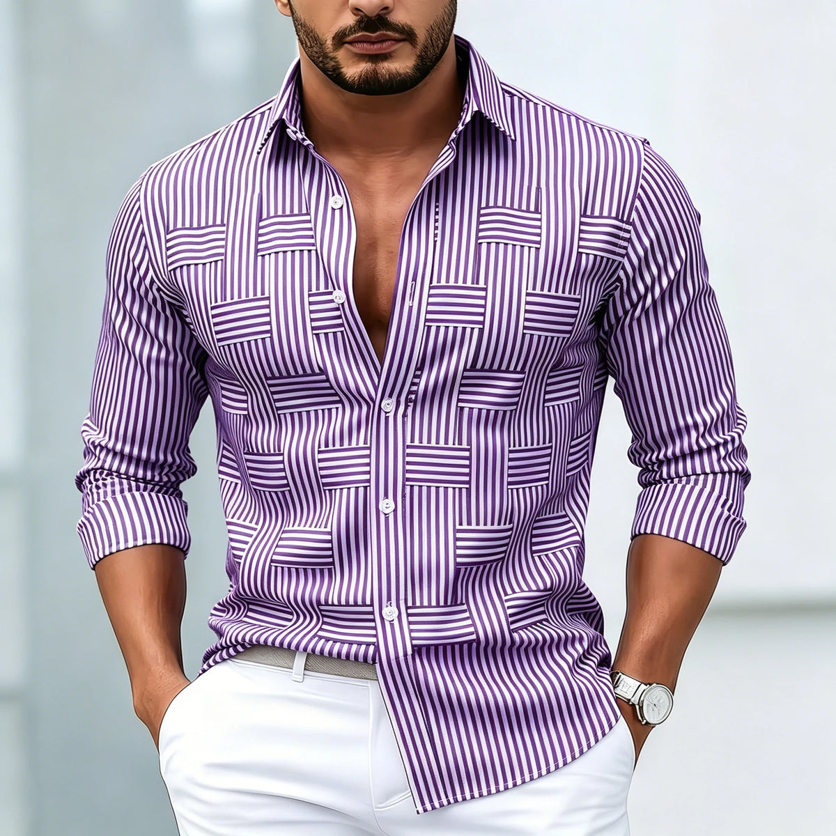 Chemise homme rayée à motifs géométriques – CLEVI Paris