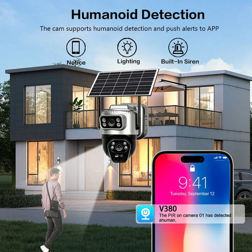 Caméra Solaire 4G V380 Pro 8MP Double Objectif PTZ 350° SIM Incluse PIR Suivi IA Vision Nocturne IP66 – CLEVI Paris