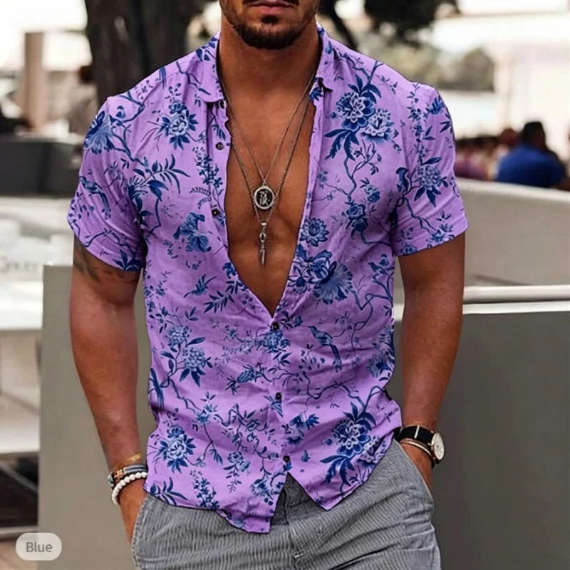 Chemise homme à motif porcelaine à manches courtes – CLEVI Paris