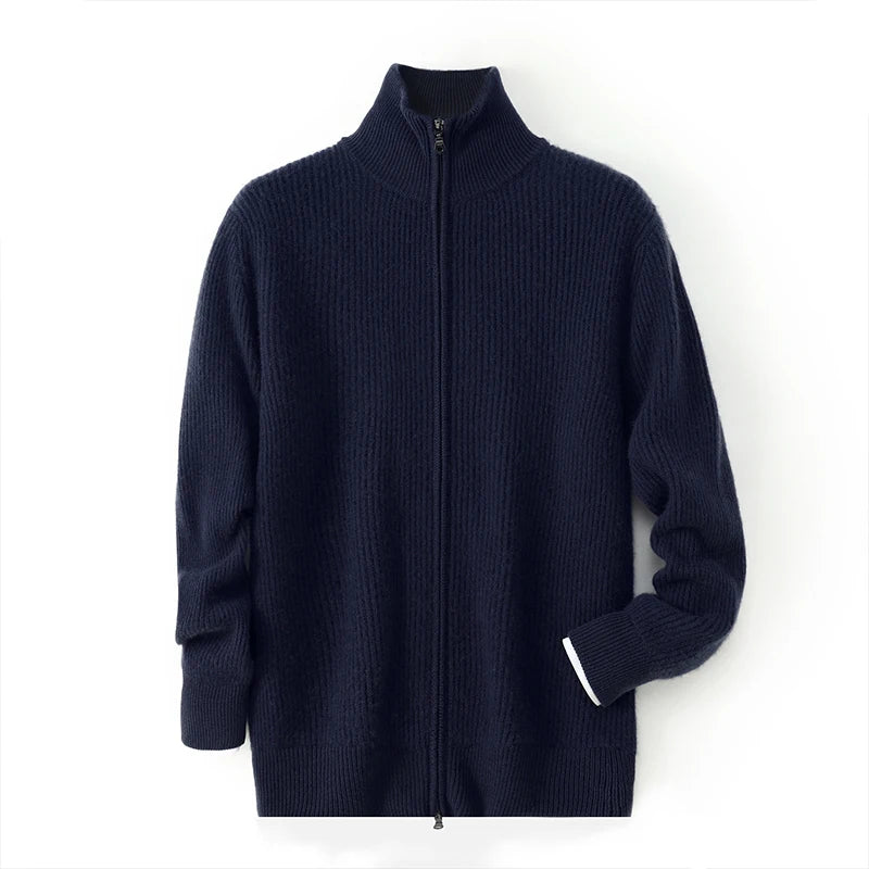 Cardigan Homme 100% Cachemire Col Double Zip Tricot Épais MVLYFLRT – Business Casual – 4 Coloris, M à XXL – CLEVI Paris