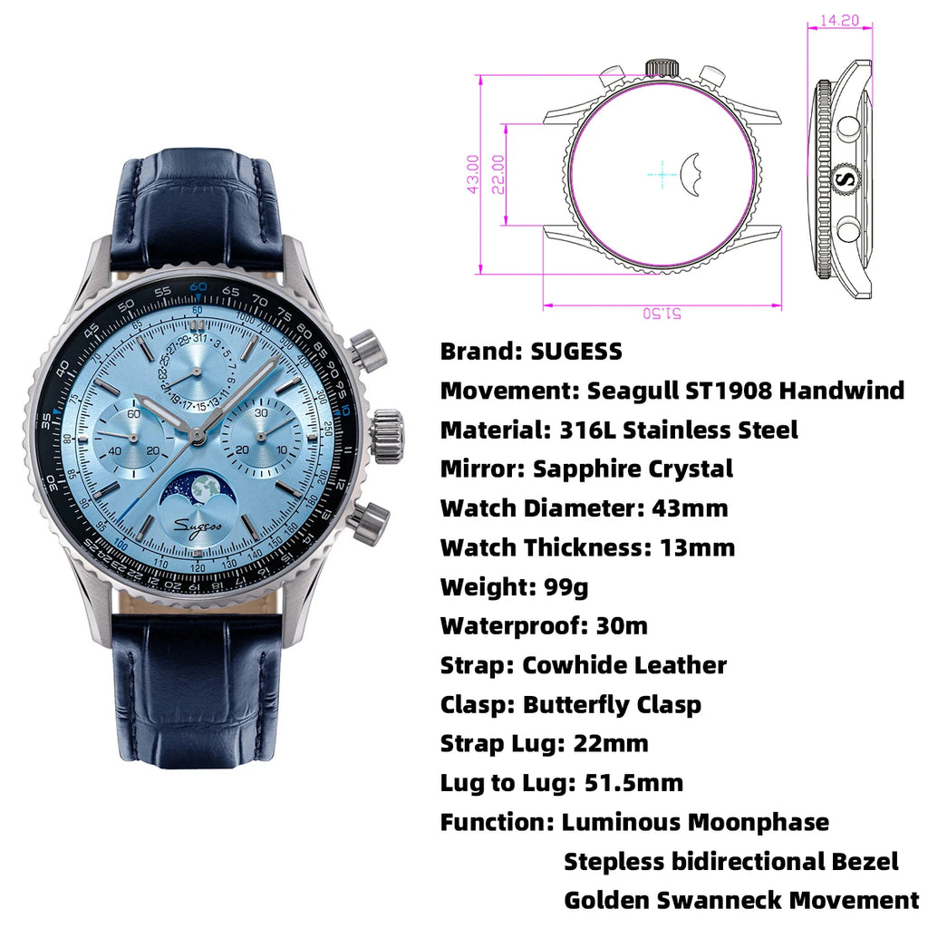 Montre Homme Chronographe Phase de Lune Sugess S468 Cal.ST1908 Swanneck – CLEVI Paris