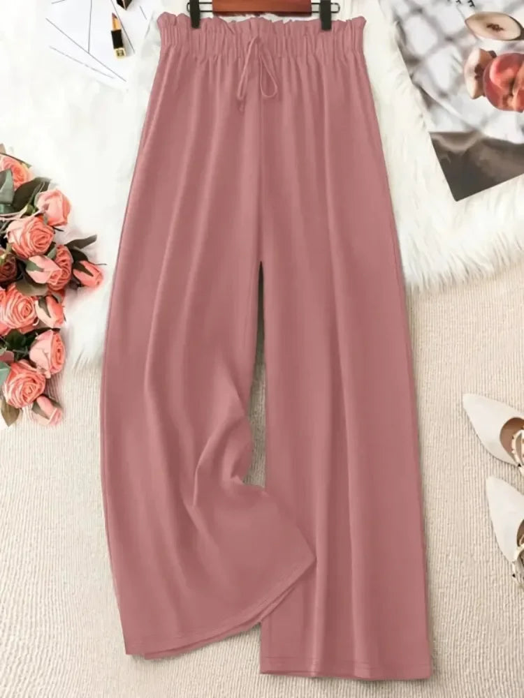 Pantalon Femme Grande Taille Jambe Large Casual Élégant Cordon Taille Mi-Haute – CLEVI Paris