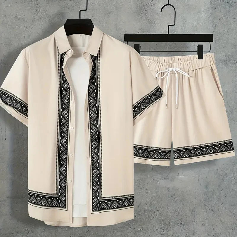 Ensemble 2 Pièces Homme Chemise Manches Courtes Col Cranté Imprimée Boutonnée + Short Cordon Style Hawaïen Beach Rétro Grande Taille – CLEVI Paris