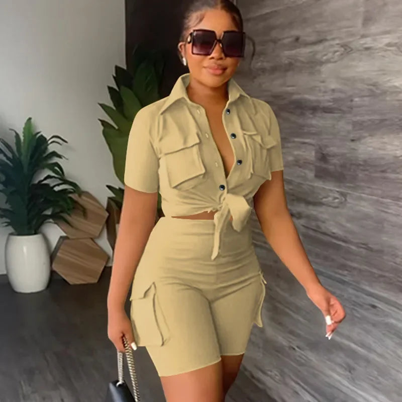 Ensemble Deux Pièces Femme Streetwear – Chemise Boutonné Manches Courtes & Short Assorti – CLEVI Paris