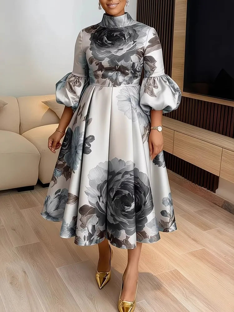 Robe Femme Grande Taille Col Montant Manches Lanterne A-line Mi-Mollet Casual – CLEVI Paris