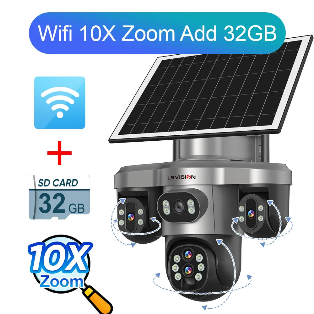Caméra Solaire LS VISION 20MP 4 Objectifs 3 Écrans PTZ Zoom 10x 4G/Wi-Fi IP66 V380 Pro – CLEVI Paris