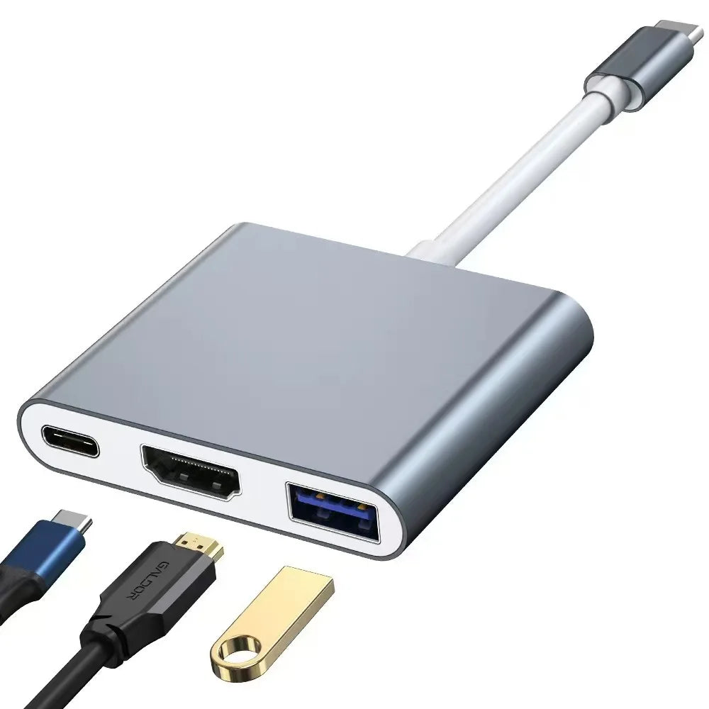 Hub USB-C 3-en-1 PD 100W HDMI 4K 30Hz USB 3.0 Compact Gris – CLEVI Paris