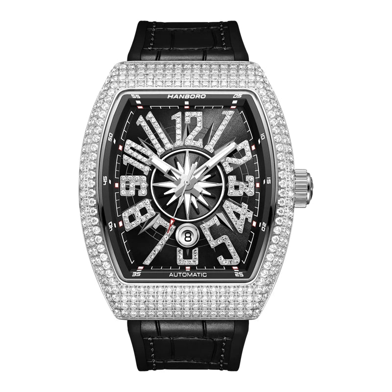 HANBORO 9029 Montre Homme Automatique Tonneau 445 Cristaux Étanche 5ATM – CLEVI Paris