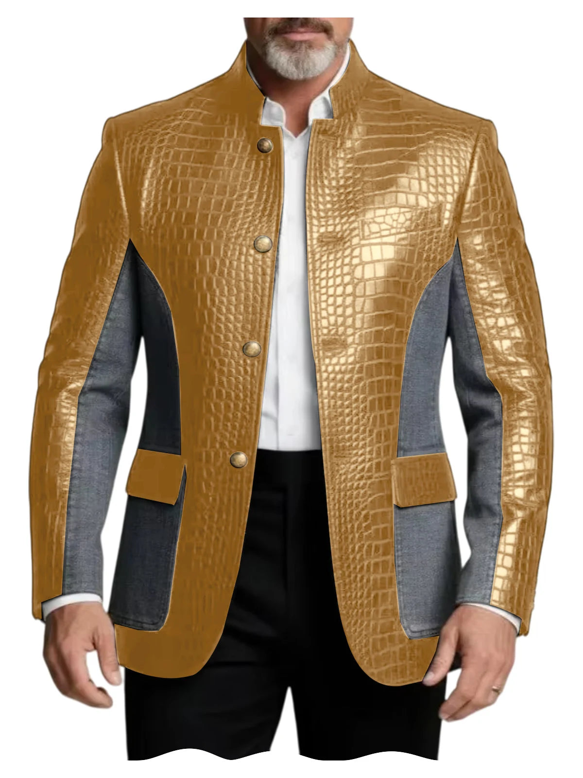 Blazer en cuir PU de luxe marron pour homme, effet croco, patchwork denim, col montant, coupe ajustée, idéal pour affaires, décontracté ou soirée