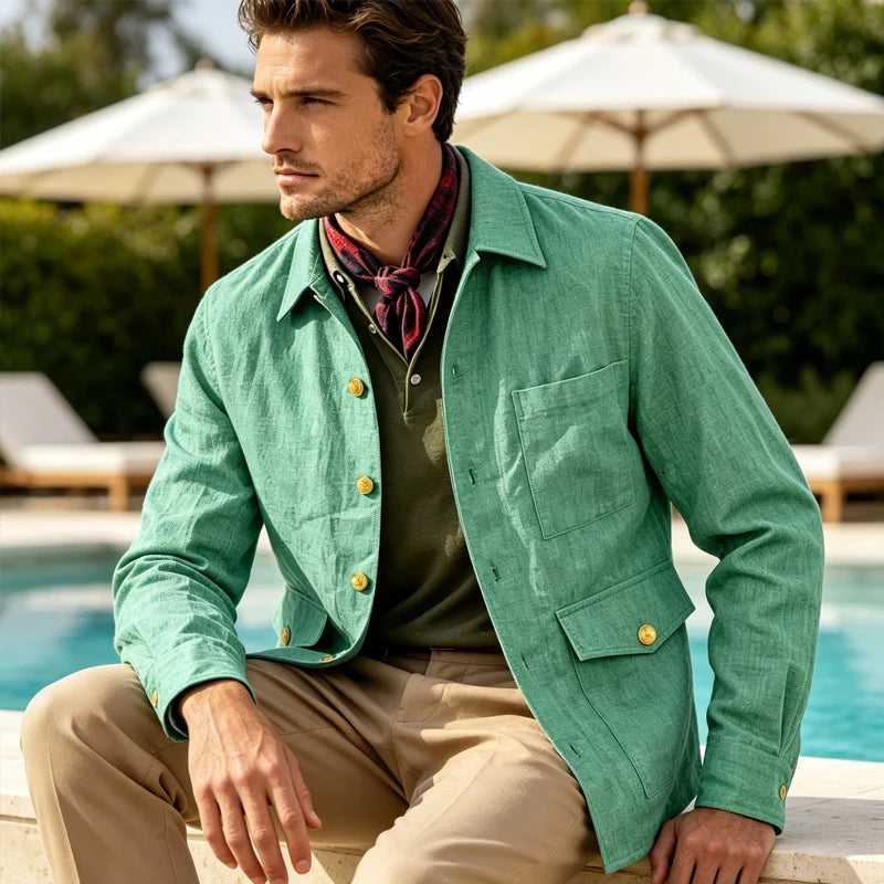 Veste homme en lin mélangé à boutons dorés – CLEVI Paris
