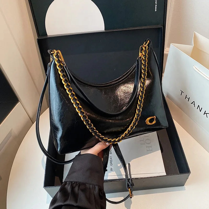 Sac Bandoulière Cuir Ciré Vintage Femme Chaîne Grande Capacité – CLEVI Paris