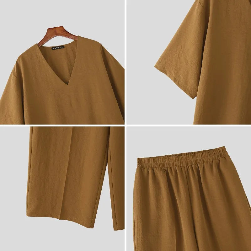 Ensemble 2 Pièces Homme T-shirt Col V Manches Courtes + Pantalon INCERUN Streetwear Oversize – 3 Coloris, S à 5XL – CLEVI Paris