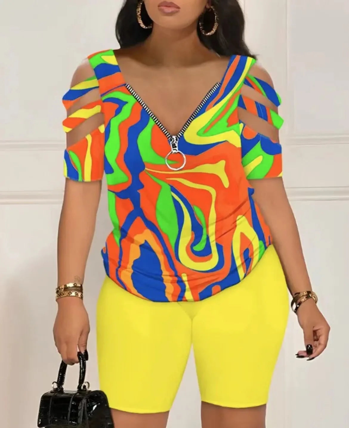 Ensemble 2 Pièces Femme T-Shirt Col V Imprimé Manches Courtes + Short Taille Élastique Casual High Street Été 6 Coloris – CLEVI Paris