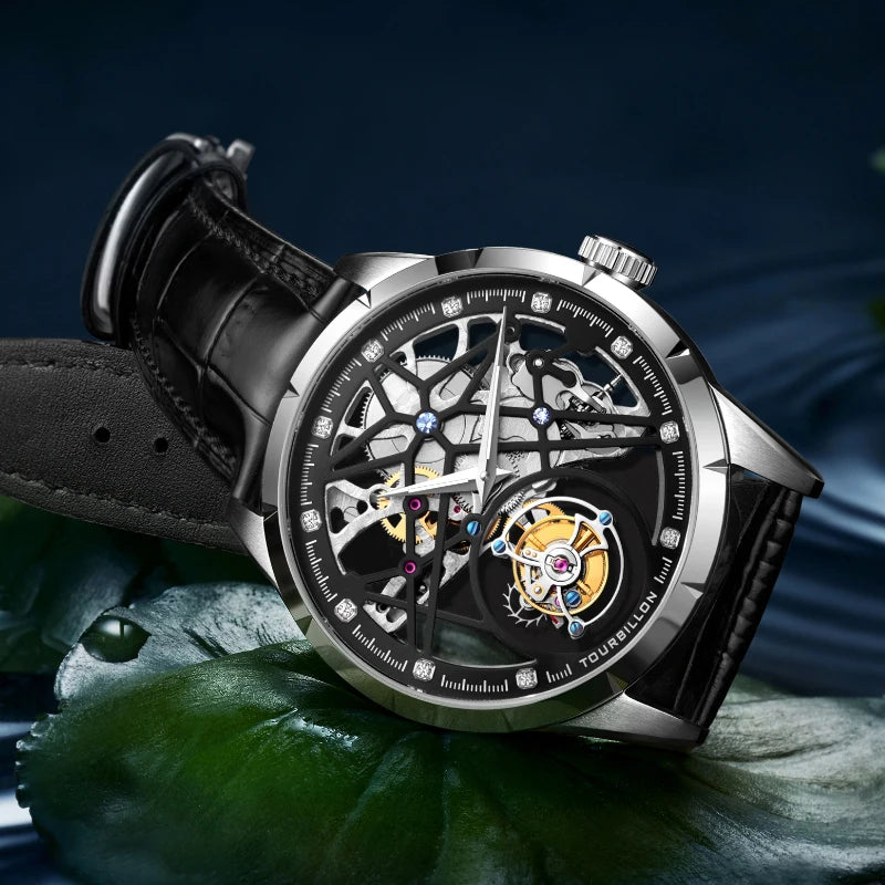 Montre Homme Tourbillon Volant AESOP 7018 – Squelette Double Face Verre Saphir Étanche 100m Garantie 3 Ans – CLEVI Paris