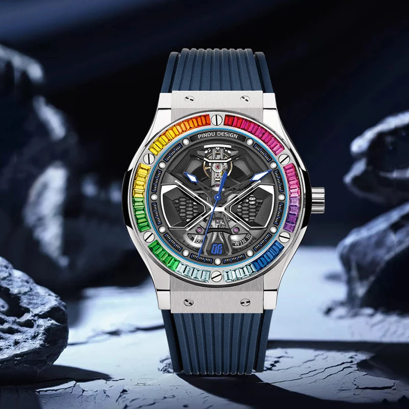 Montre Homme Automatique Squelette Fond Creux Silicone Pindu P6552 – CLEVI Paris