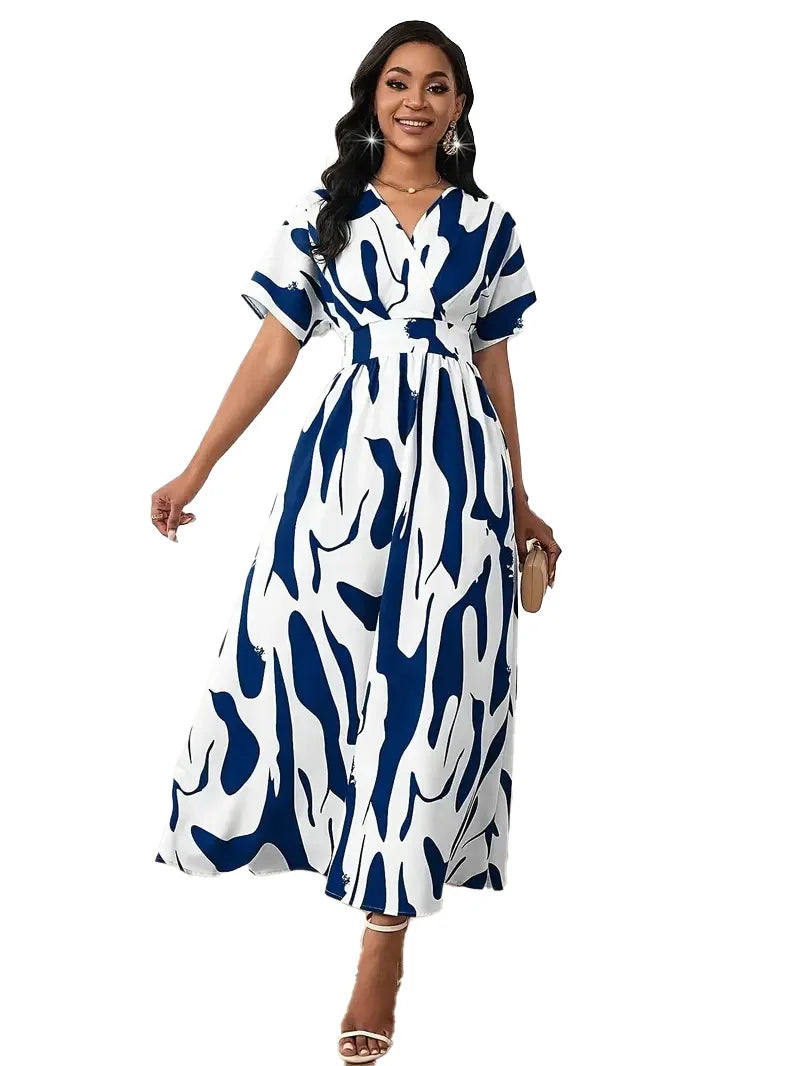 Robe Femme Col V Manches Courtes Imprimé Abstrait A-Line Taille Empire Casual Été – CLEVI Paris