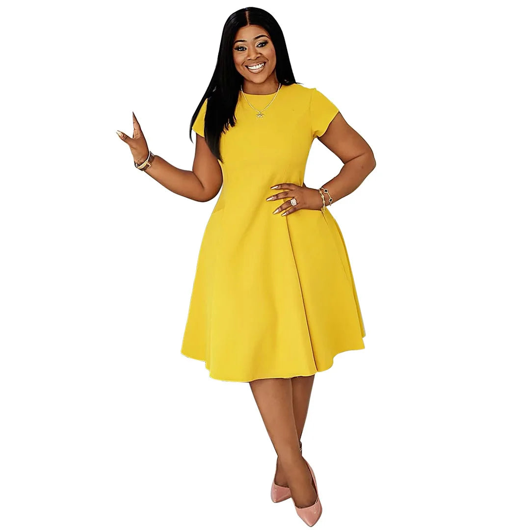 Robe Femme Grande Taille Col Rond Manches Courtes A-line Mi-Mollet Poches Casual – CLEVI Paris