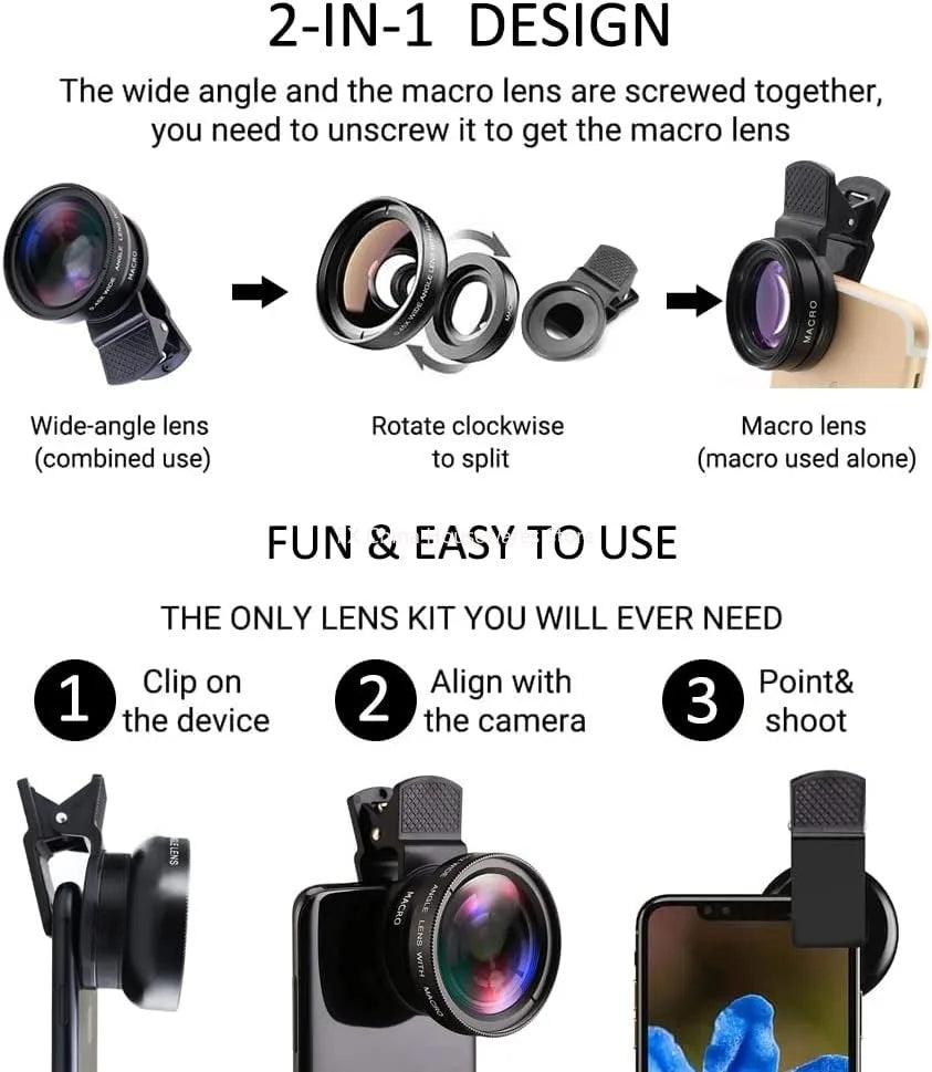 Kit Objectif 2-en-1 Smartphone – Grand Angle 0.45x + Macro HD, Clip Universel iPhone & Android