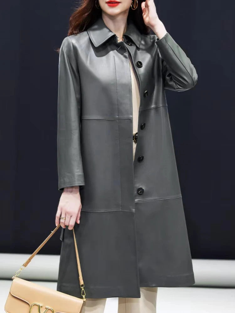 Manteau long femme cuir de mouton ceinturé – CLEVI Paris