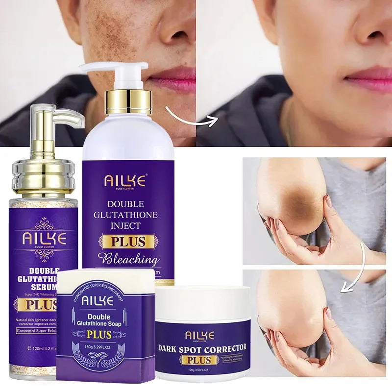 Gamme Double Glutathion PLUS AILKE – Sérum 24K Or, Lotion, Savon & Crème Anti-Taches – CLEVI Paris