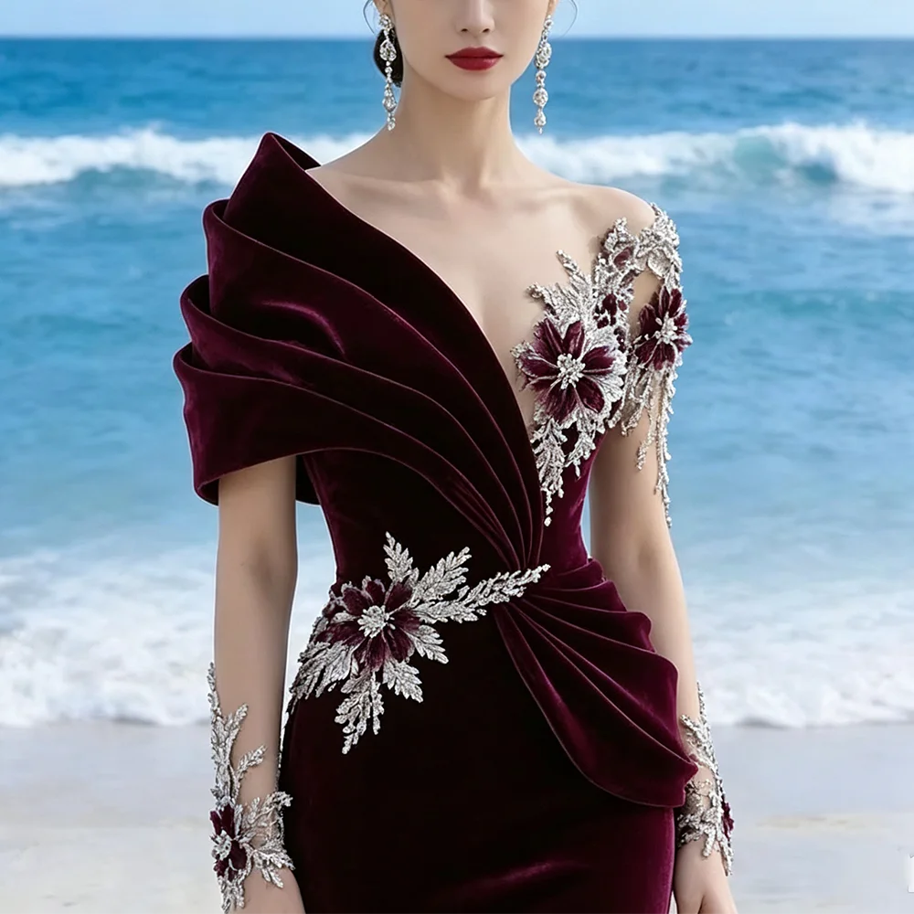 Robe sirène en velours épaules dénudées – CLEVI Paris
