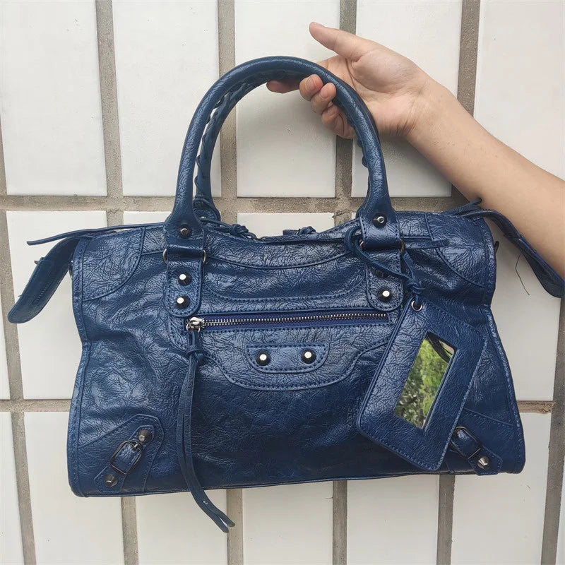 Sac À Main PU Froissé Rivets Femme Miroir & Pompon 4 Tailles – CLEVI Paris