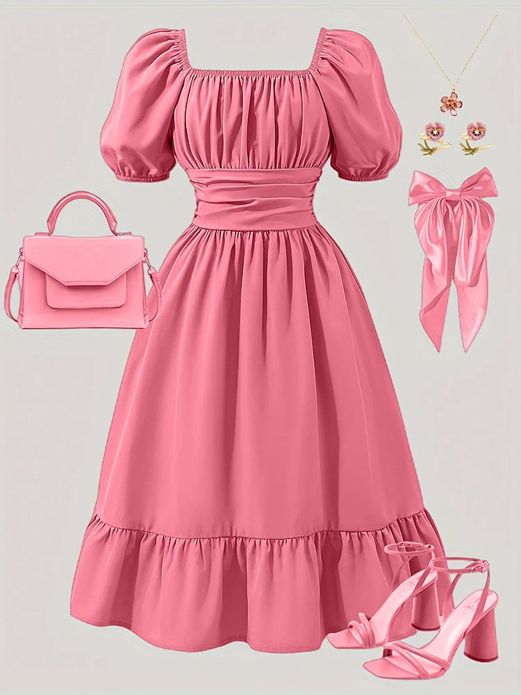 Robe fille rose à manches lanterne – CLEVI Paris