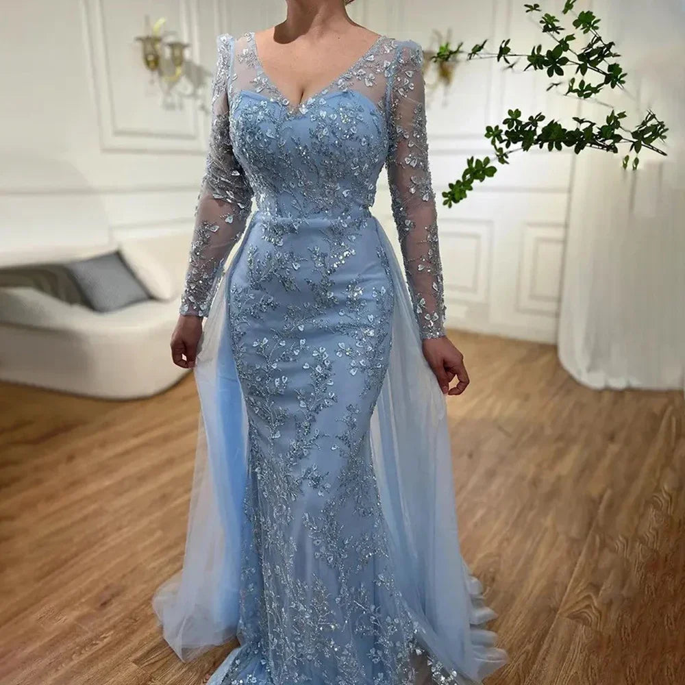 Robe de soirée sirène dentelle manches longues – CLEVI Paris