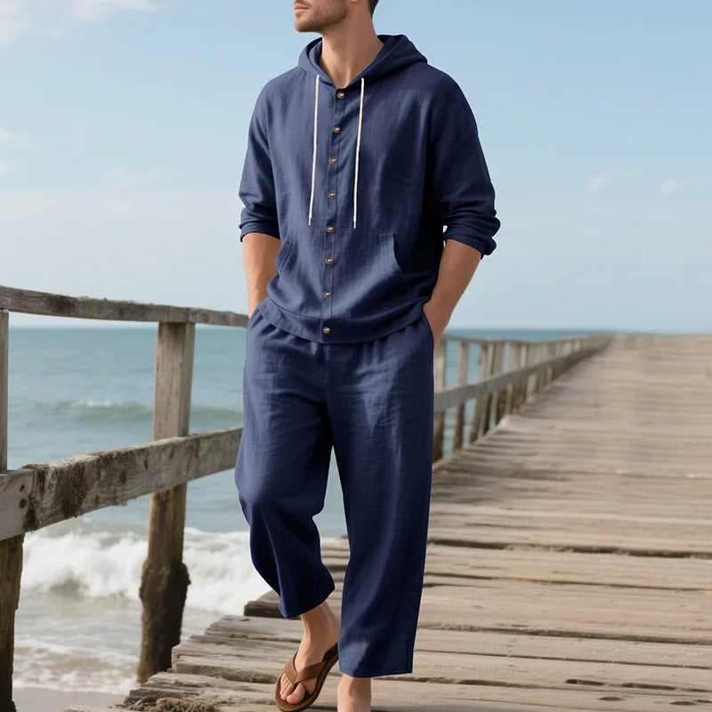 Ensemble Homme Chemise Lin Col V Manches 3/4 + Pantalon Cordon Casual Plage Été 8 Coloris – CLEVI Paris
