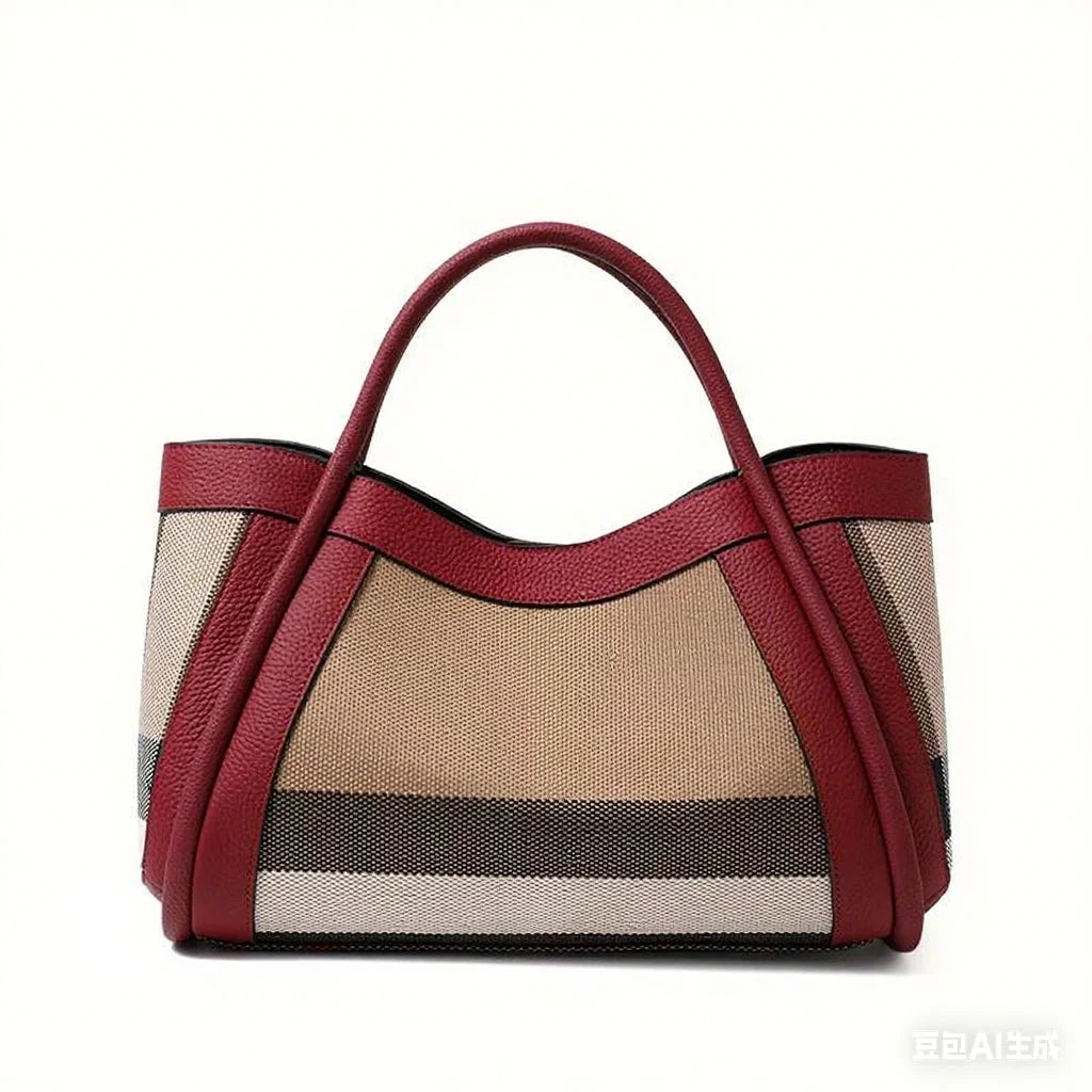 Tote Bag Toile & Cuir Femme Motif Carreaux Anses Larges – CLEVI Paris