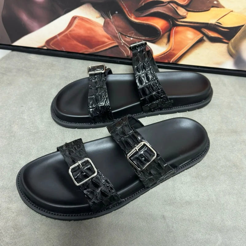 Sandales noires en cuir de crocodile réglables – CLEVI Paris