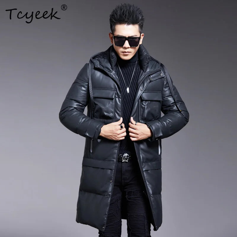 Manteau homme cuir et duvet d’oie à capuche – CLEVI Paris