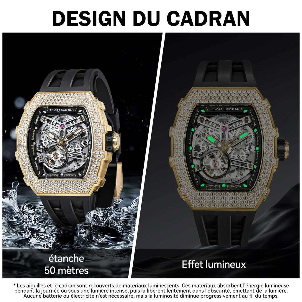 Montre Homme Automatique TSAR BOMBA TB8208D – Miyota Squelette Zircone Verre Saphir Étanche 50m – CLEVI Paris