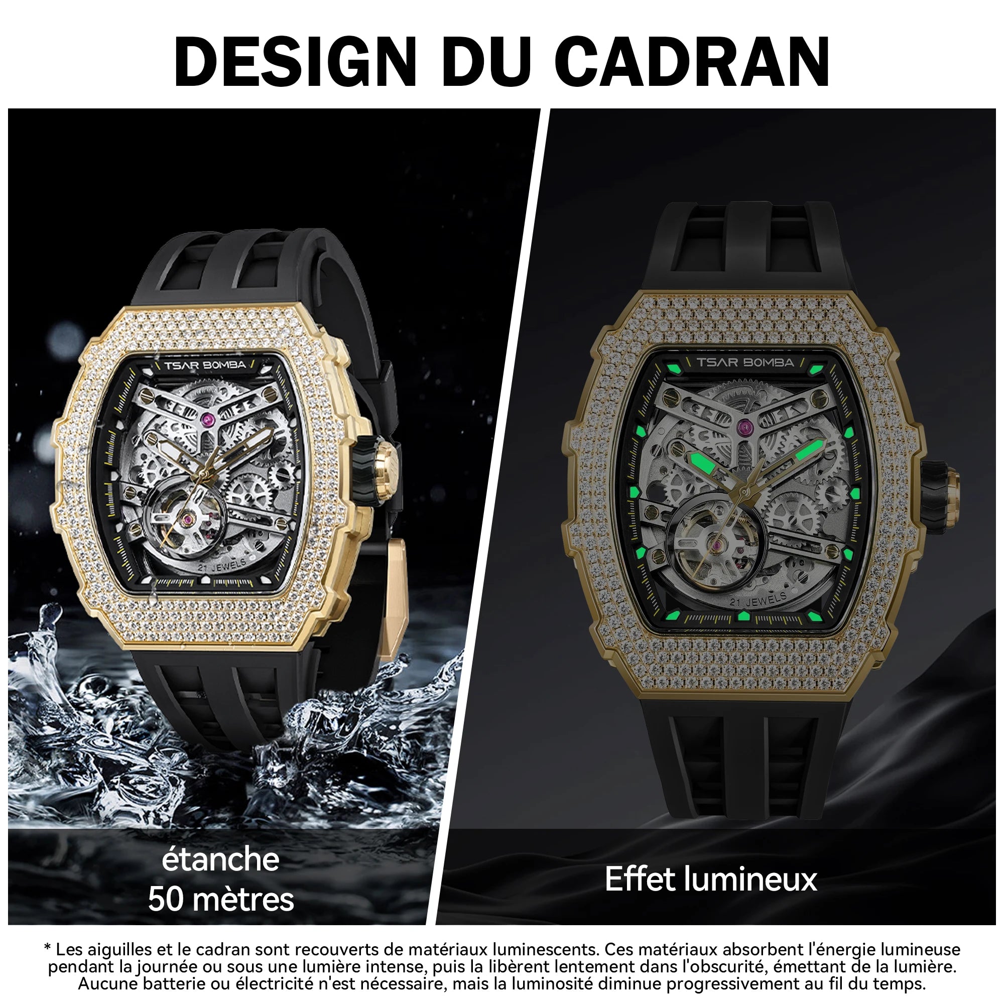 Montre Homme Automatique TSAR BOMBA TB8208D – Miyota Squelette Zircone Verre Saphir Étanche 50m – CLEVI Paris