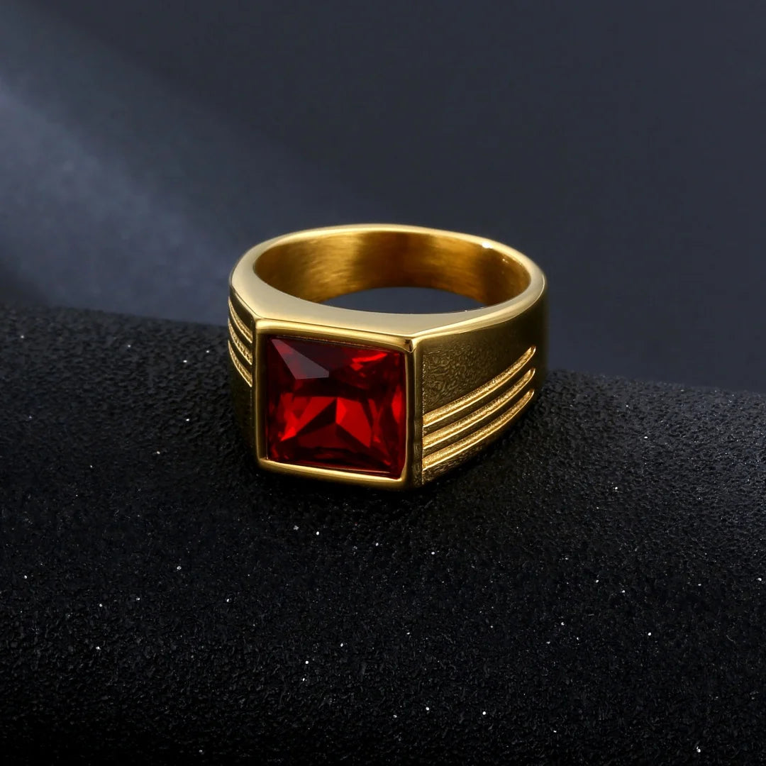 Bague carrée homme en acier et zircon rouge – CLEVI Paris