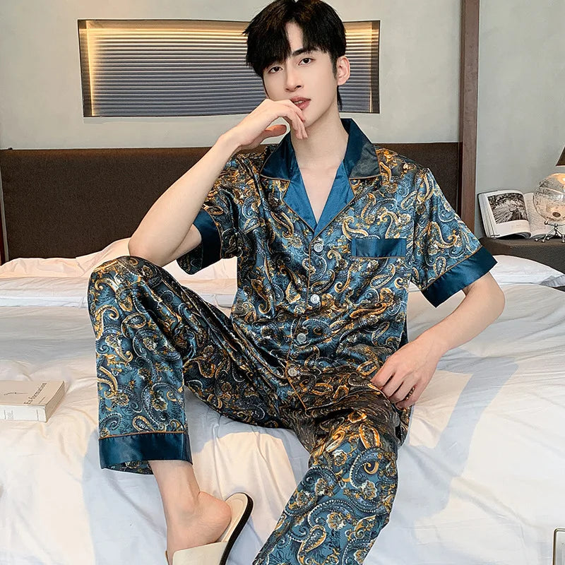 Pyjama Homme 2 Pièces Soie de Glace Satin Col Rabattu Manches Longues Style Luxe Imprimé Printemps Été – CLEVI Paris